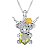 14K Gold Heart Birthstone Highland Cow Pendant Necklace