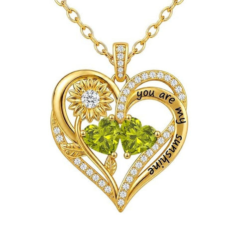 Double Birthstone Necklace 14K Gold Plated You Are My Sunshine Sunflower Necklace Heart Pendant Necklace