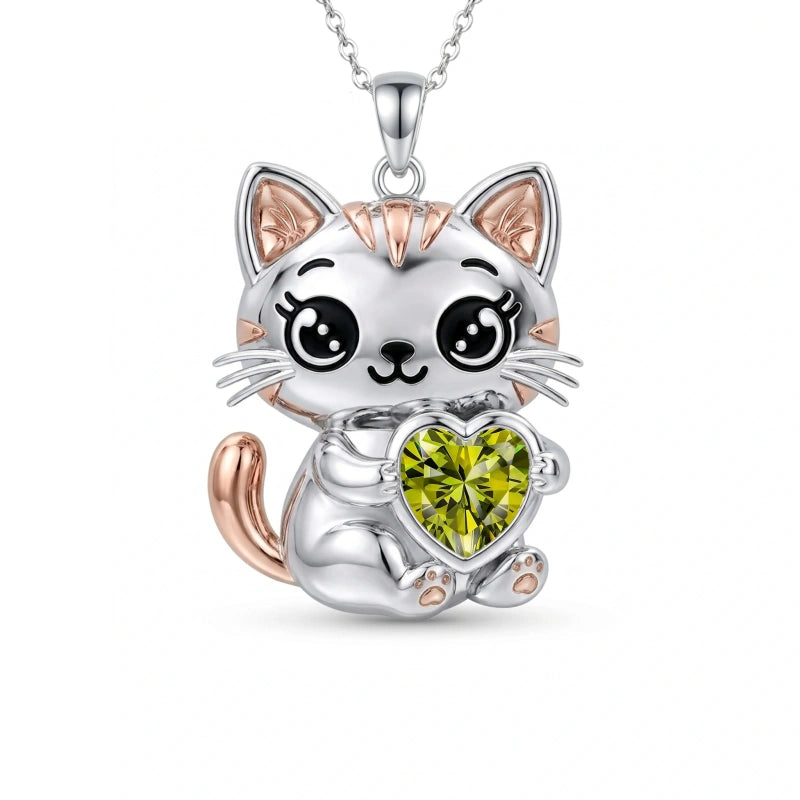 Sterling Silver 12 Month Birthstone Cat Pendant Necklace Birthstone Jewelry Gifts for Birthday