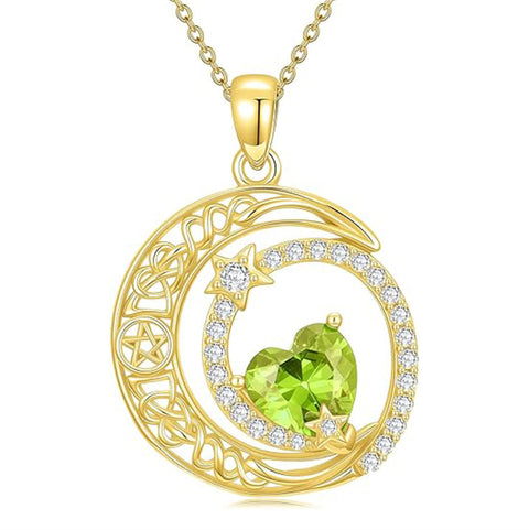 10K 14K 18K Gold Heart Birthstone Moon and Star Pendant  Necklace for Women