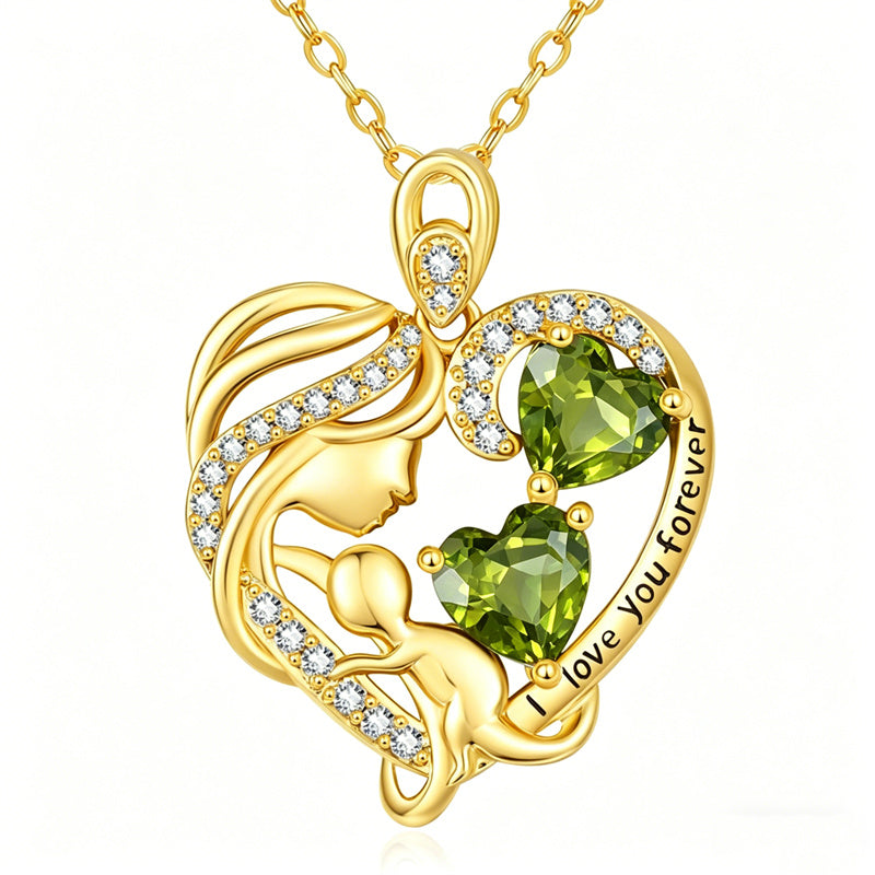 10K 14K 18K Gold Double Birthstone Heart Mother Son/Daughter Pendant Necklace for Mom