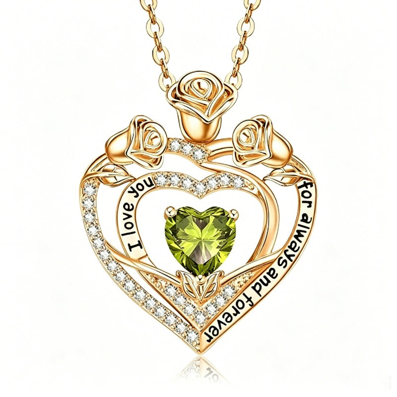 14K Gold Plated Rose Heart Birthstone Necklace for Women Engraved with I Love You for Always and Forever