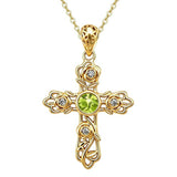 14K Gold Plated Round Cubic Zirconia Filigree Rose Cross Necklace for Women