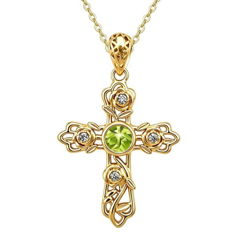 14K Gold Plated Round Cubic Zirconia Filigree Rose Cross Necklace for Women