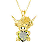 14K Gold Heart Birthstone Highland Cow Pendant Necklace