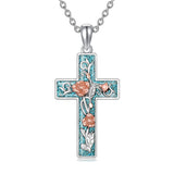 Sterling Silver Turquoise Personalized Engraved 12 Month Birth Flower Cross Pendant Necklace