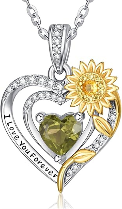 Sterling Silver Heart Birthstone Sunflower Pendant Necklace Engraved with I Love You Forever