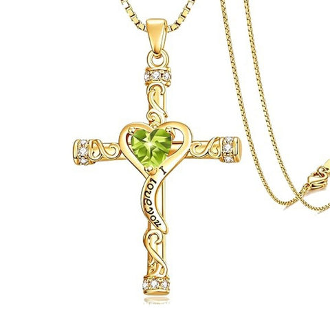 14K Gold Plated Heart Cut Cubic Zirconia Cross  Pendant Necklace For Women Religious Faith Jewelry