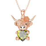 14K Gold Heart Birthstone Highland Cow Pendant Necklace