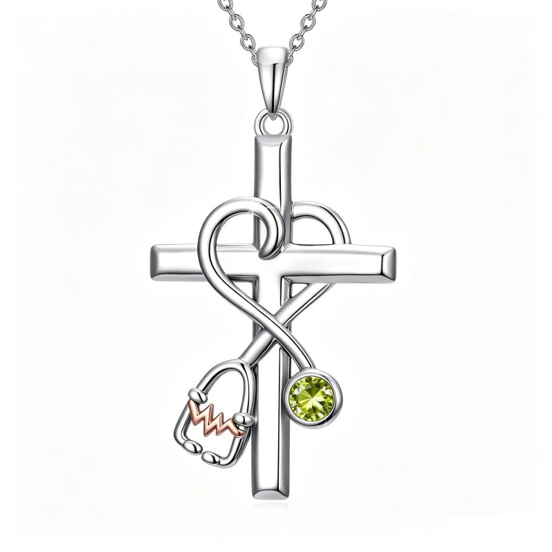 14K Gold Plated  Birthstone Stethoscope Cross Necklace Graduation Gifts for Women RN