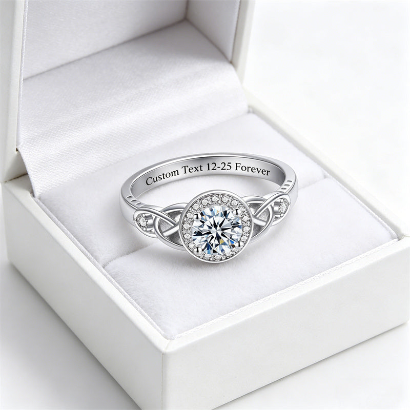 Sterling Silver 10K 14K 18K Gold  Personalized Engraved Moissanite Celtic Knot Wedding Engagement Ring