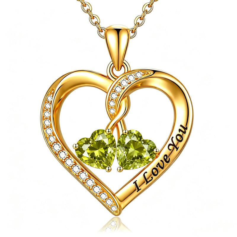 14K Gold Plated Double Heart Birthstone Rose Pendant Necklace for Women