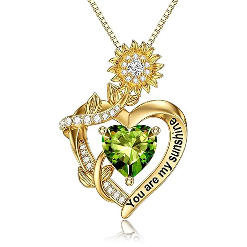 10K 14K 18K Gold  12 Months Birthstones Sunflower Pendant Necklace Engraved with You are My Sunshine