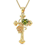 14K Gold Plated Heart Shape Birthstone Rose Flower Cross Necklace for Women  Religious Christian Jewelry