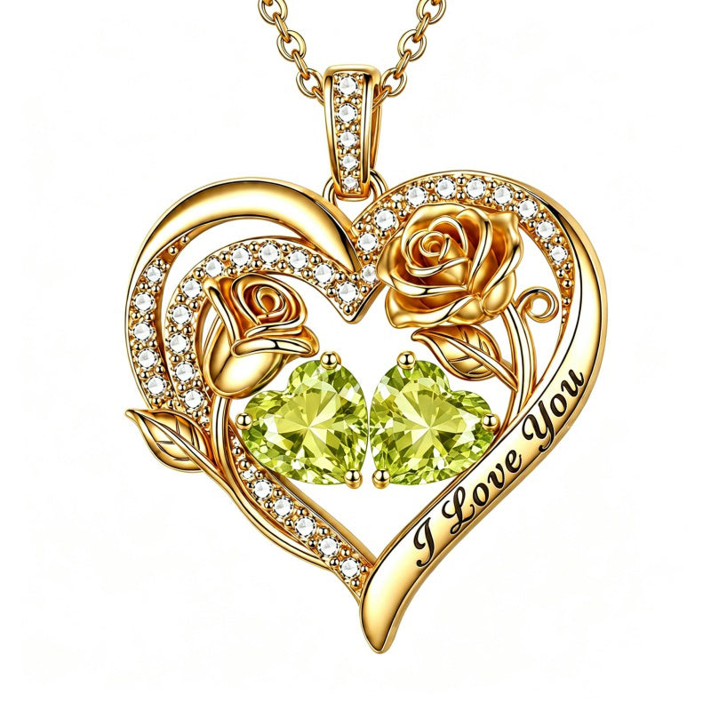 14K Gold Plated Double Heart Birthstone Rose Pendant Necklace for Women