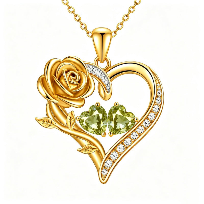 14K Gold Plated Double Heart Birthstone Rose Pendant Necklace for Women