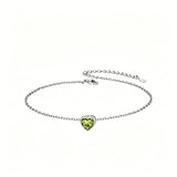 Sterling Silver Simple Dainty Round Heart Birthstone Single Layer Charm Anklet