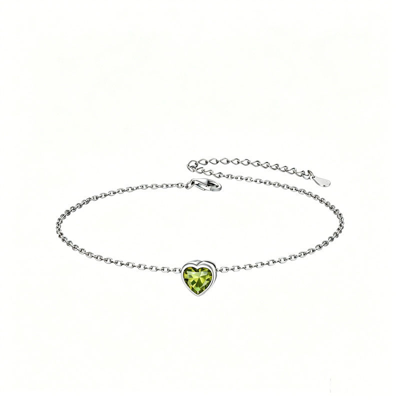 Sterling Silver Simple Dainty Round Heart Birthstone Single Layer Charm Anklet
