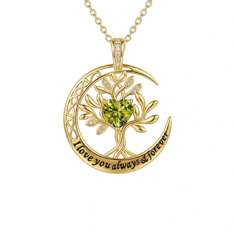 10K 14K 18K Gold Birthstone Tree of Life Pendant Necklace Engraved with I Love You Always & Forever