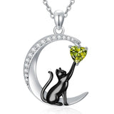 Sterling Silver Heart Birthstone Cat Pendant Necklace
