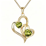 14K Gold Plated Double Heart Birthstone Necklace Anniversary Birthday Gifts