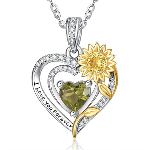 Sterling Silver Heart Birthstone Sunflower Pendant Necklace Engraved with I Love You Forever