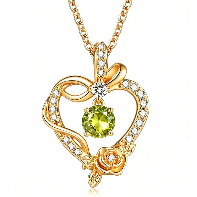 14K Gold Plated Round Birthstone Rose Flower Pendant Necklace for Women