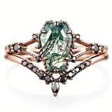 Sterling Silver 10K 14K 18K Gold 2CT Moss Agate Vine Leaf Women's Bridal Ring Sets for Wedding Engagement