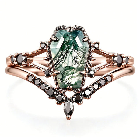 Sterling Silver 10K 14K 18K Gold 2CT Moss Agate Vine Leaf Women's Bridal Ring Sets for Wedding Engagement