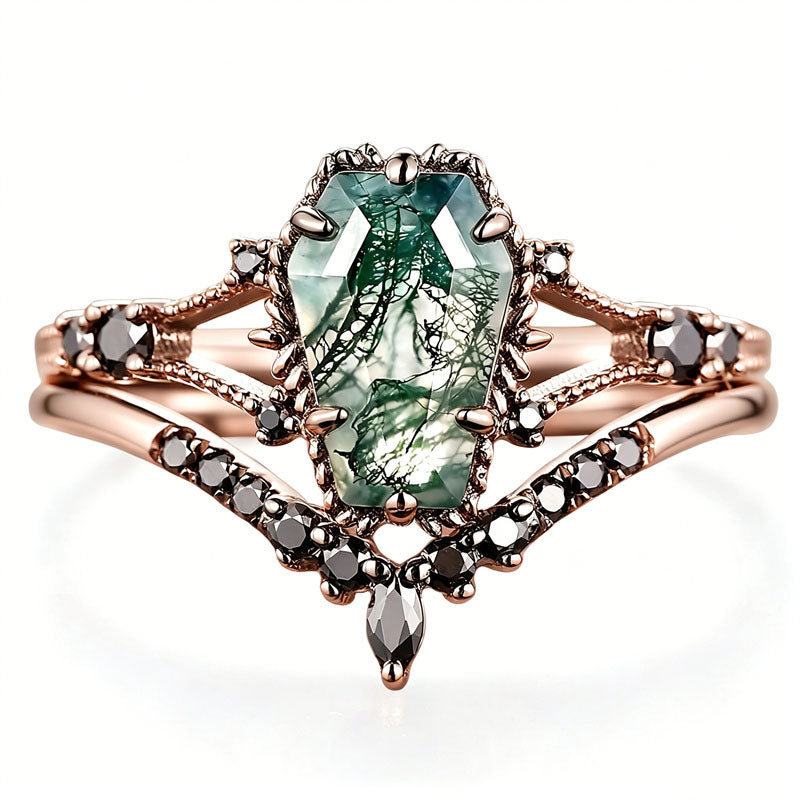 Sterling Silver 10K 14K 18K Gold 2CT Moss Agate Vine Leaf Women's Bridal Ring Sets for Wedding Engagement