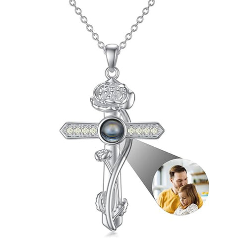 Sterling Silver Cross 100 Languages 12 Month Birthstone Birth Month Flower Pendant Necklace