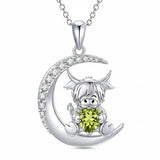 Sterling Silver Round Heart Birthstone Highland Cow Pendant Necklace Fluffy Cow Jewelry Gifts Birthday Christmas