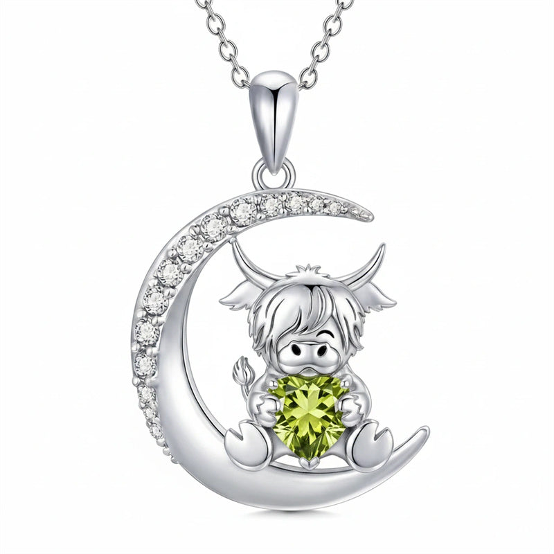 Sterling Silver Round Heart Birthstone Highland Cow Pendant Necklace Fluffy Cow Jewelry Gifts Birthday Christmas