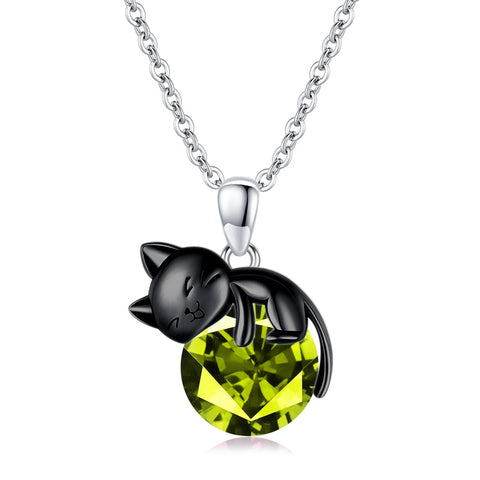 Black Cat Animal Necklace with Birthstone Sterling Silver Gift for Mother Women