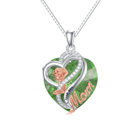 Sterling Silver Birthstone Heart Rose Pendant Necklace With Engraved