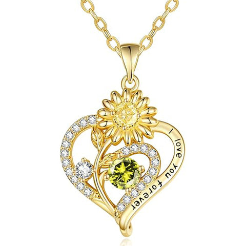Sterling Sliver Birthstone Love Heart & Sunflower Pendant Necklace Engraved With You Are My Sunshine