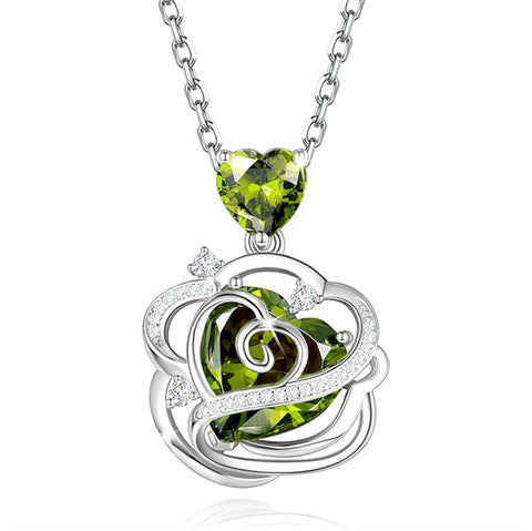Sterling Silver Thornless Pulse Heart Birthstone  Rose Pendant Necklace