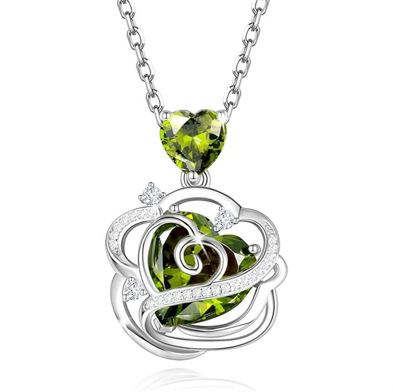 Sterling Silver Thornless Pulse Heart Birthstone  Rose Pendant Necklace