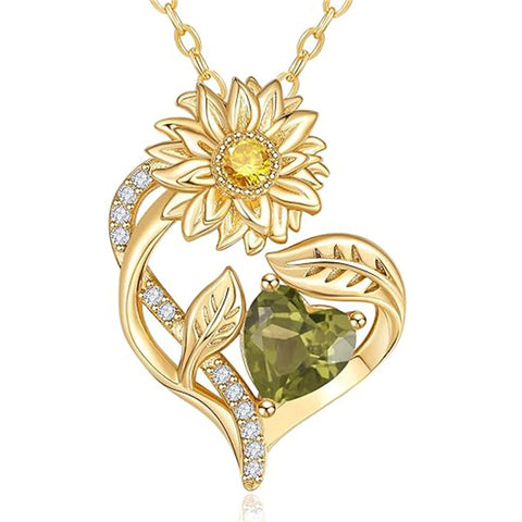 Sterling Sliver Birthstone Love Heart & Sunflower Pendant Necklace Engraved With You Are My Sunshine