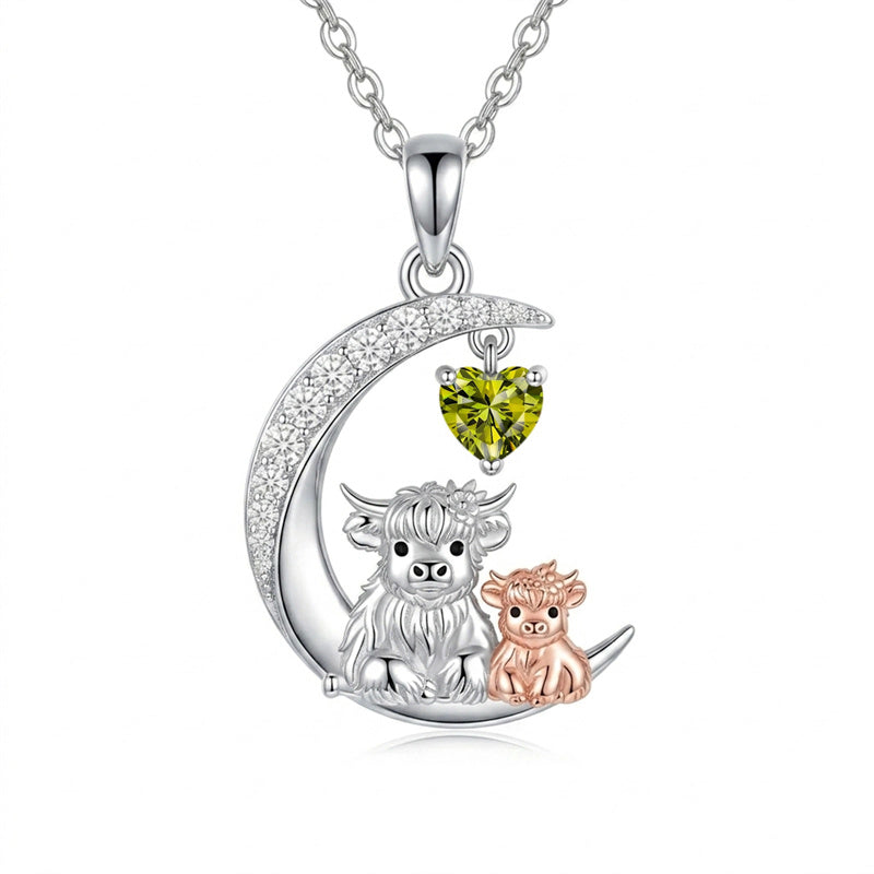 Sterling Silver Round Heart Birthstone Highland Cow Pendant Necklace Fluffy Cow Jewelry Gifts Birthday Christmas