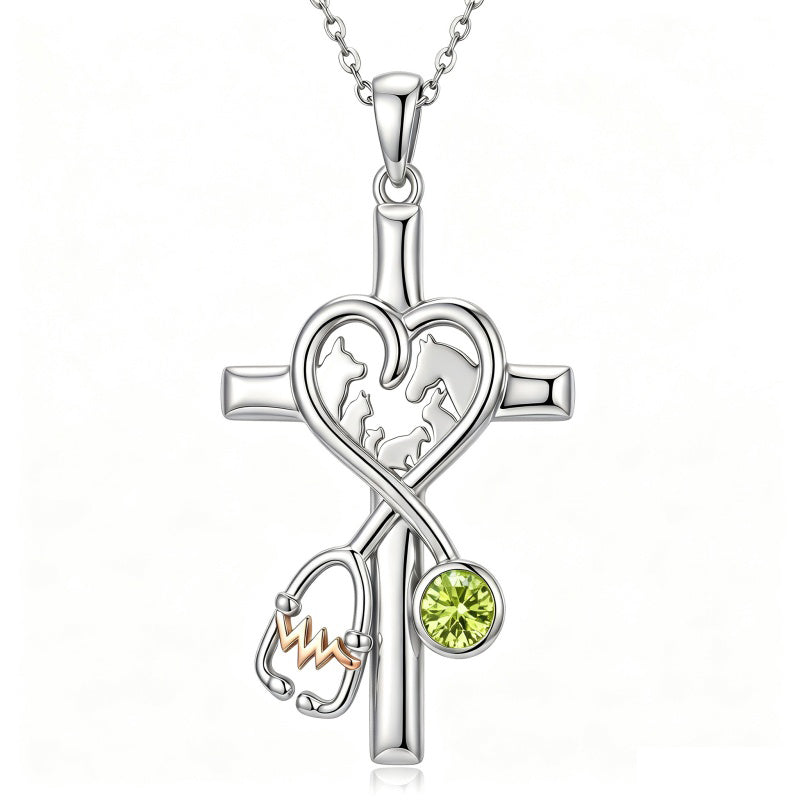 14K Gold Plated  Birthstone Stethoscope Cross Necklace Graduation Gifts for Women RN