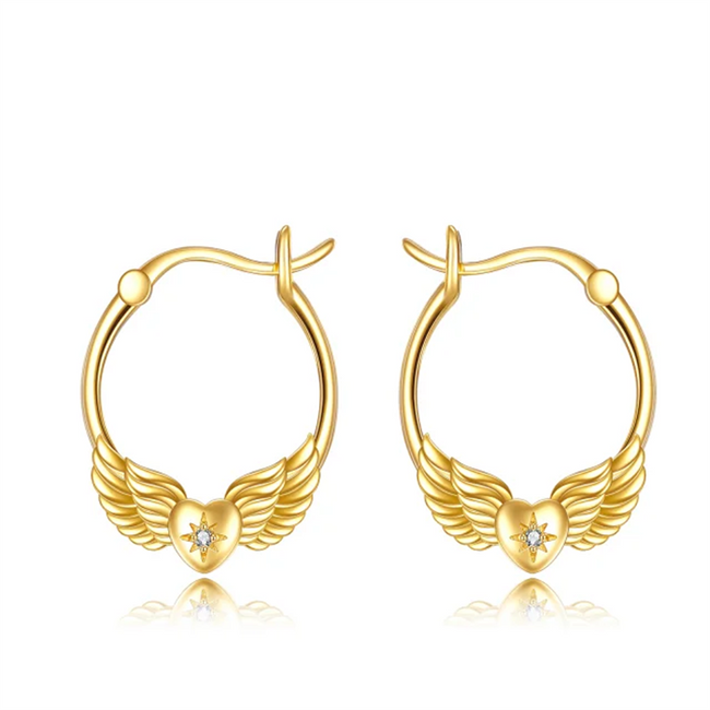 14K Yellow Gold Angel Wings Small Hoop Earrings Jewelry Gifts