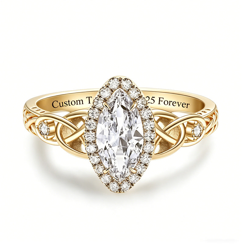 Sterling Silver 10K 14K 18K Gold  Personalized Engraved Moissanite Celtic Knot Wedding Engagement Ring