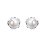 925 Sterling Silver Elegant Pearl Stud Earrings In Silver Floral Setting