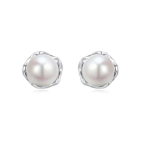 925 Sterling Silver Elegant Pearl Stud Earrings In Silver Floral Setting