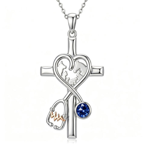 14K Gold Plated  Birthstone Stethoscope Cross Necklace Graduation Gifts for Women RN