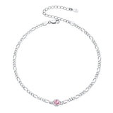 Figaro Anklets for Women, Sterling Silver Diamond Cut 3mm Link Chain Ankle Bracelet with Round Birthstone, Length 8.5"-10.5"