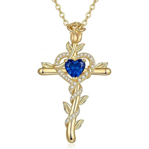 14K Gold Plated Heart Birthstone Rose Cross  Pendant Necklace  Religious Christian Jewelry for Women