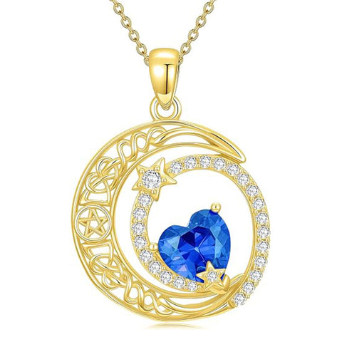 10K 14K 18K Gold Heart Birthstone Moon and Star Pendant  Necklace for Women