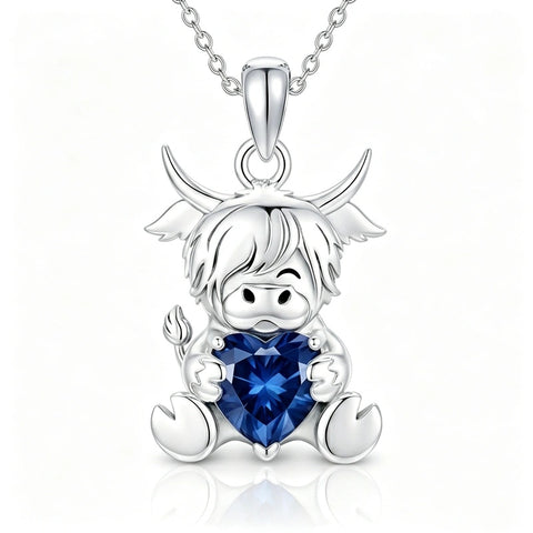 Sterling Silver Birthstone Highland Cow Pendant Necklace Birthday Christmas Gift